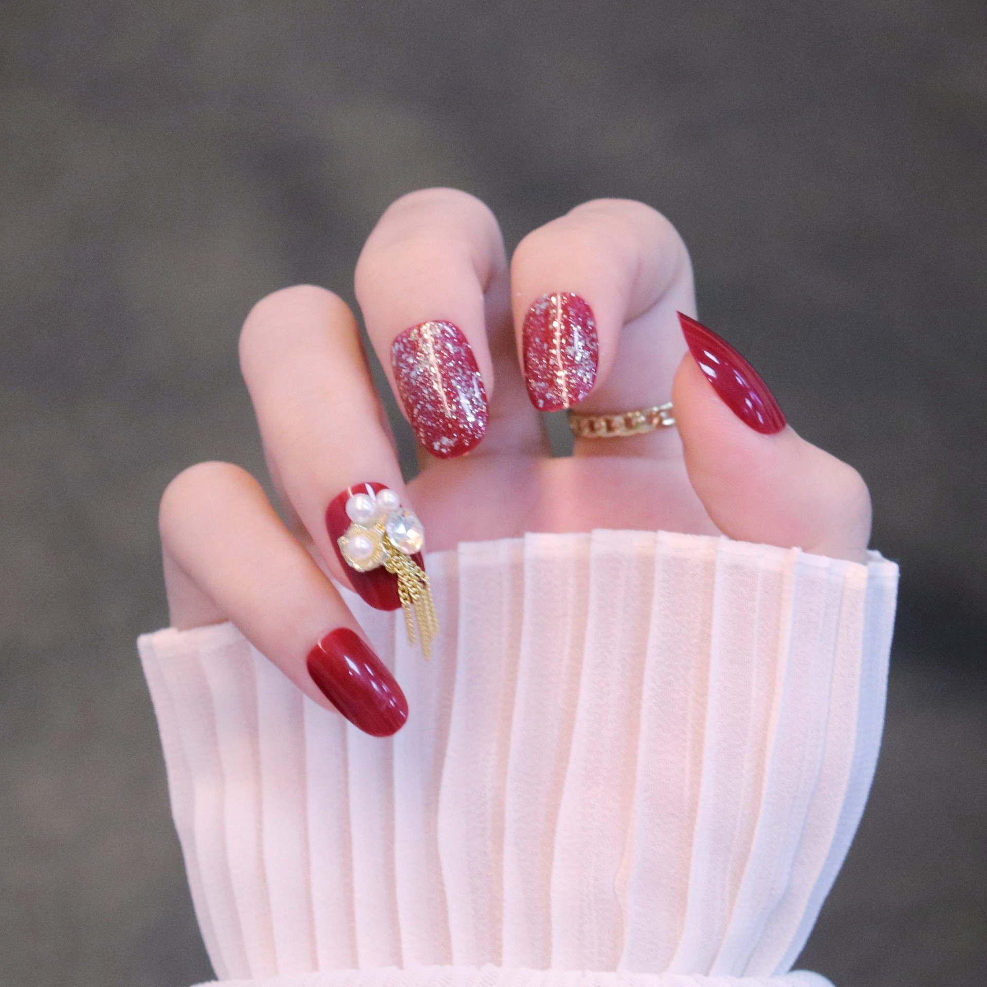 美甲贴片穿戴甲美甲片成品酒红新娘美甲指甲贴片假指甲拆卸指甲片