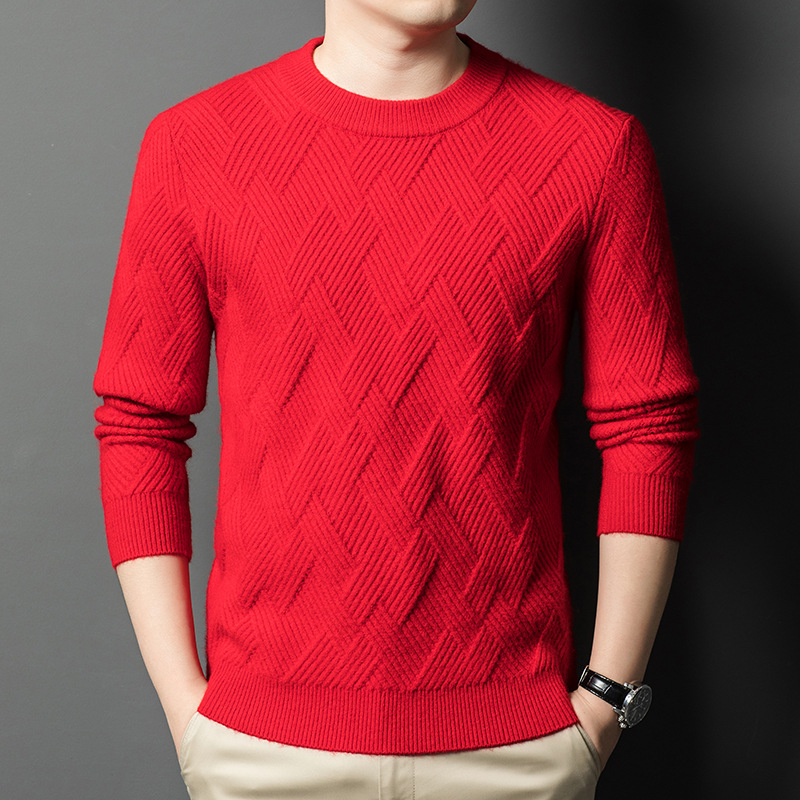 鄂尔多斯市羊毛衫男士加厚保暖半高圆领本命年红色针织羊绒衫毛衣