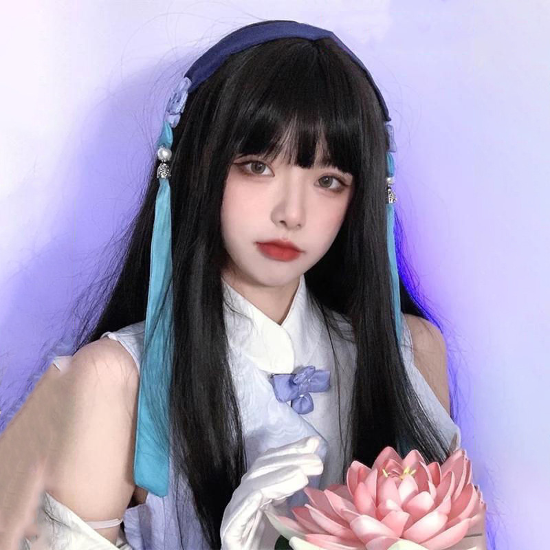 假发女长发夏 王者西施cos空气漫画刘海黑长直自然隐形仿真全头套