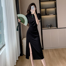 2024新款新中式国风设计感旗袍时尚修身显瘦黑色长款包臀连衣裙女