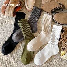 粗线纯棉袜子男袜工装风加厚堆堆毛圈后印字母吸汗中筒秋冬长袜