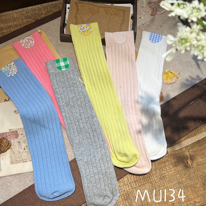24年春夏季女童堆堆袜田园碎花贴布宽条糖果色中筒袜宝宝薄棉袜