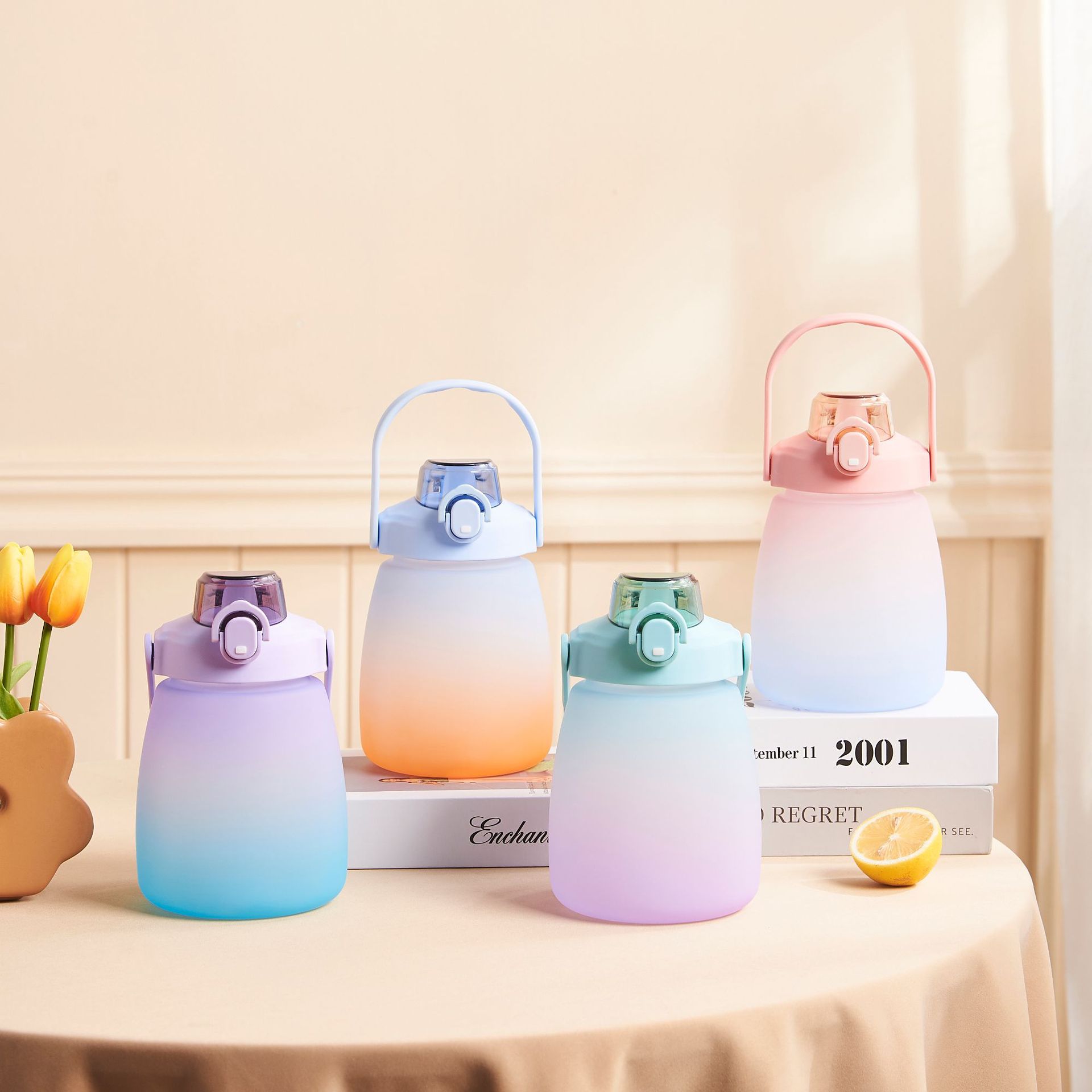 Internet Celebrity Gradient Big Belly Cup Large-Capacity Water Cup Cute Sticker Plastic Cup Sports Bottle Shoulder Strap Rope Holding Gift Cup