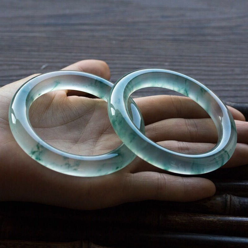 玻璃种蓝水翡翠手镯女高冰种飘花玉镯贵妃镯缅甸玉老坑玉石带证书