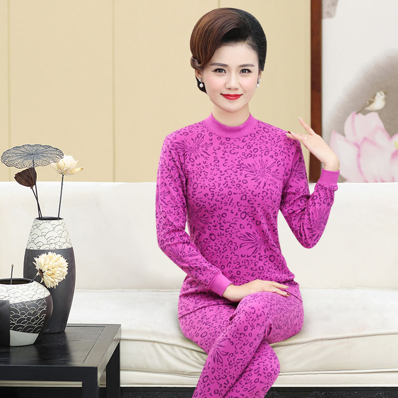中领秋衣女士保暖内衣棉内穿薄款打底中老年秋衣秋裤套装印花春秋