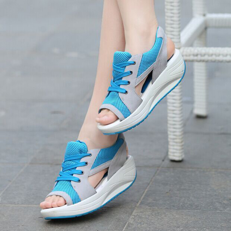 2018 New Muffin Sandals Platform Wedge Breathable Rocking Shoes Women's Mesh Shoes Comfortable Sports and Leisure Women's Shoes