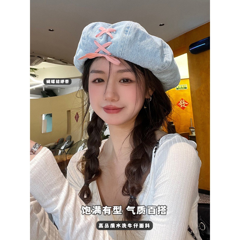 ins网红甜美可爱粉色蝴蝶结牛仔水洗贝雷帽子女百搭显脸小画家帽