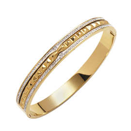 欧美ins新品锥子柳丁朋克铆钉双排钻钛钢手镯嘻哈流行金属感手环