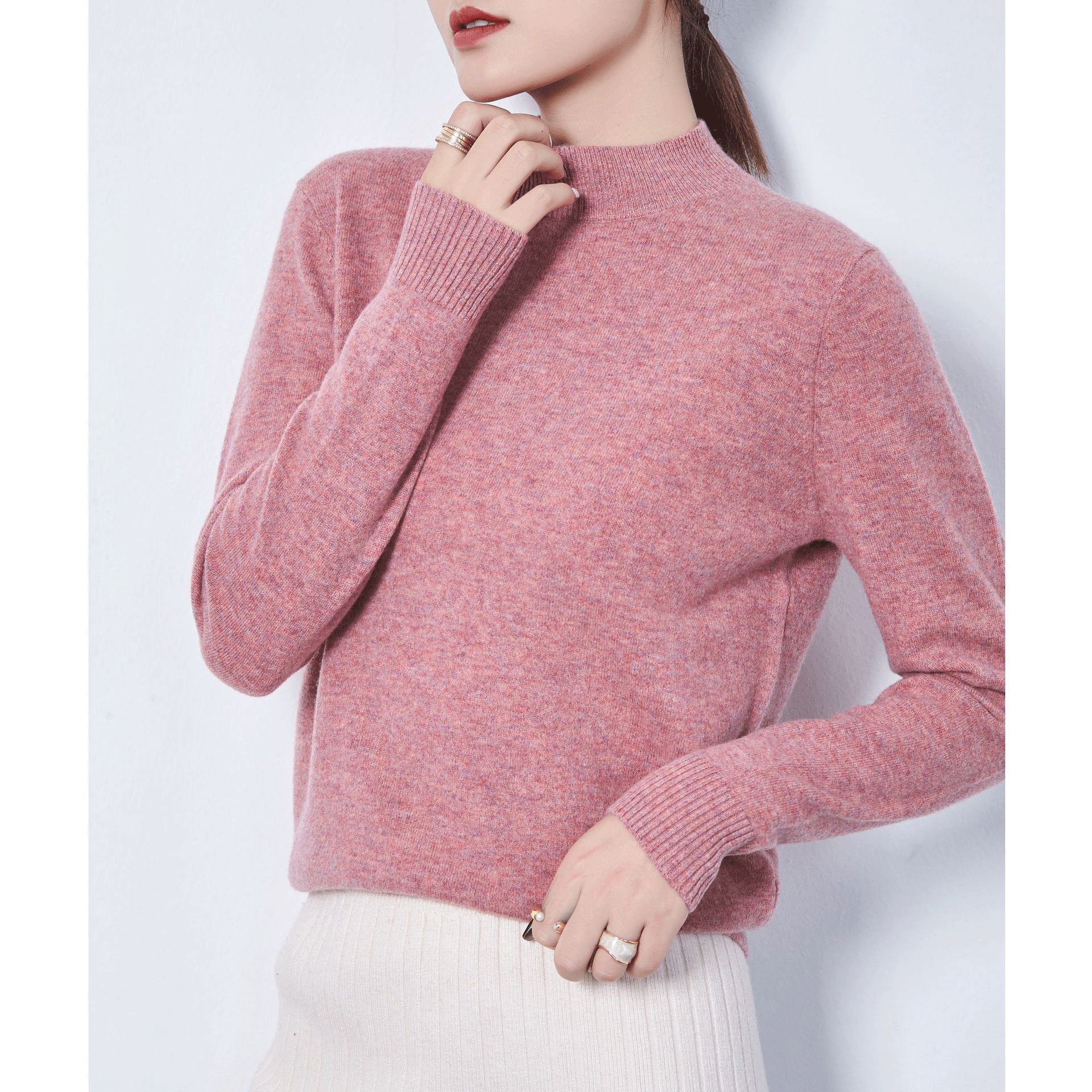 亚吉漫 韩版纯色软糯100纯羊毛衫女2021冬季女士简约全羊毛毛衣