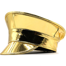 跨境金色镭射漆皮平顶帽女派对pu皮质海军帽跨境亮面演出贝雷帽