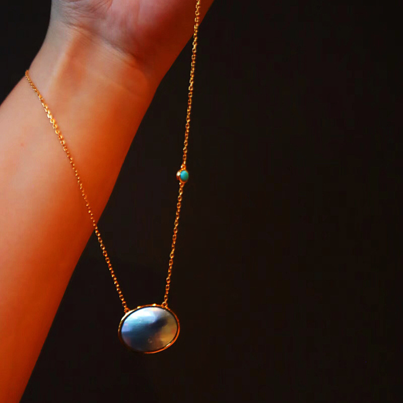 s014马贝珍珠绿松石锁骨链通体s925银厚镀金简约百搭时尚项链吊坠