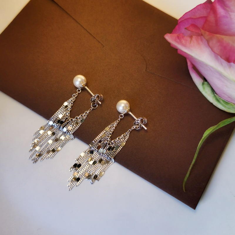 珍珠925纯银耳钉气质长流苏修脸型后挂式通体银耳环一帘幽梦亮片