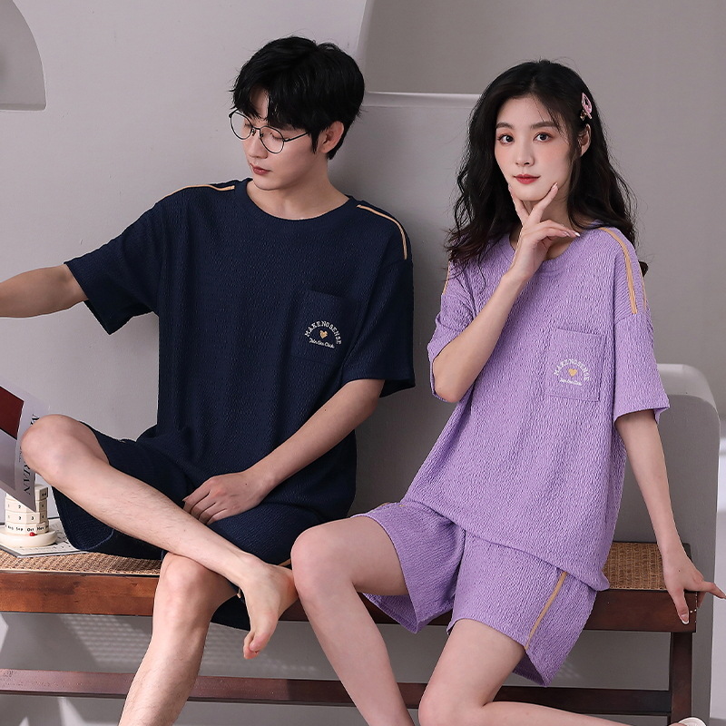 Couple Pajamas Short-Sleeved Shorts Cotton Pull Frame Solid Color Men and Women Summer Loungewear Suit Casual Suitable for Daily Wear Half Sleeve