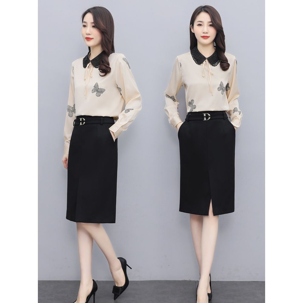 翻领气质职业套装裙2021年春季新款雪纺蝴蝶印花开叉包臀裙