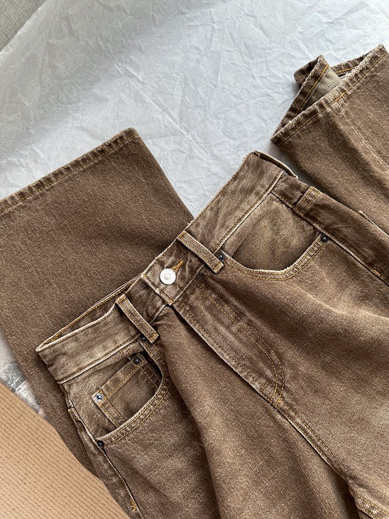 Spicy and Age-Reducing Style 23 Nordic Basic Straight Style Earth-Colored Washed Cotton Lazy Mid-Waist Designer Jeans