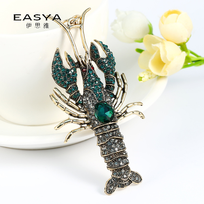 欧美外贸新款水晶镶钻龙虾钥匙扣挂件复古个性汽车钥匙圈挂饰礼品