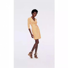 夏季新款黄色格子印花一片式V领收腰连衣裙气质优雅包臀开叉裙子