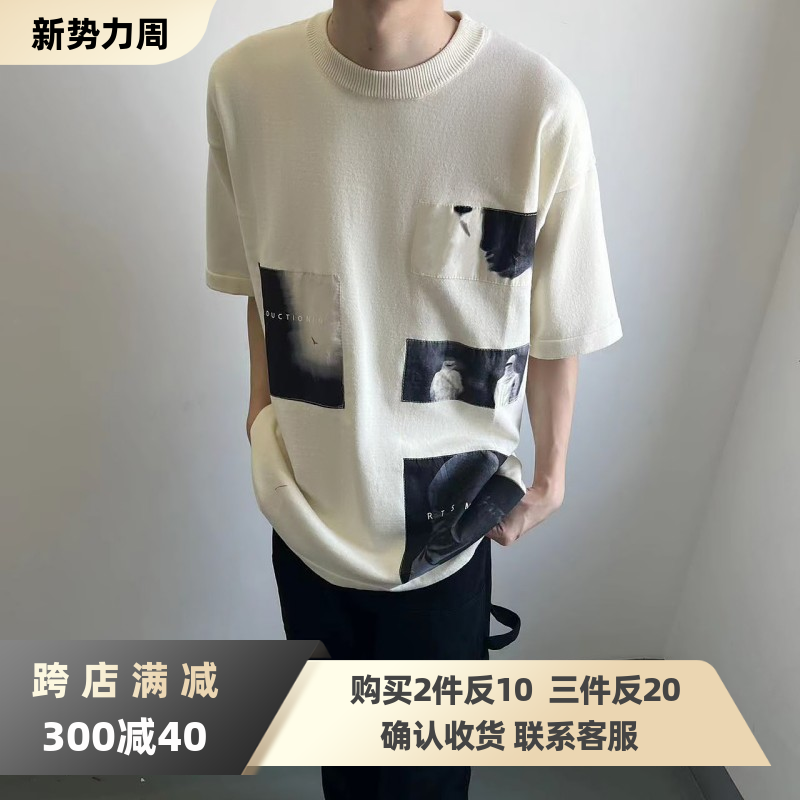 rtim 蒙面人物字母贴布印花短袖小众流行宽松圆领重磅高街打底t恤