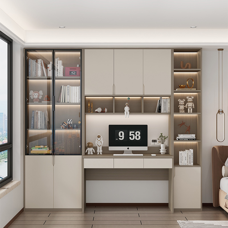 轻奢书柜书桌一体桌组合学习桌写字台家用书房衣柜简约书架电脑桌
