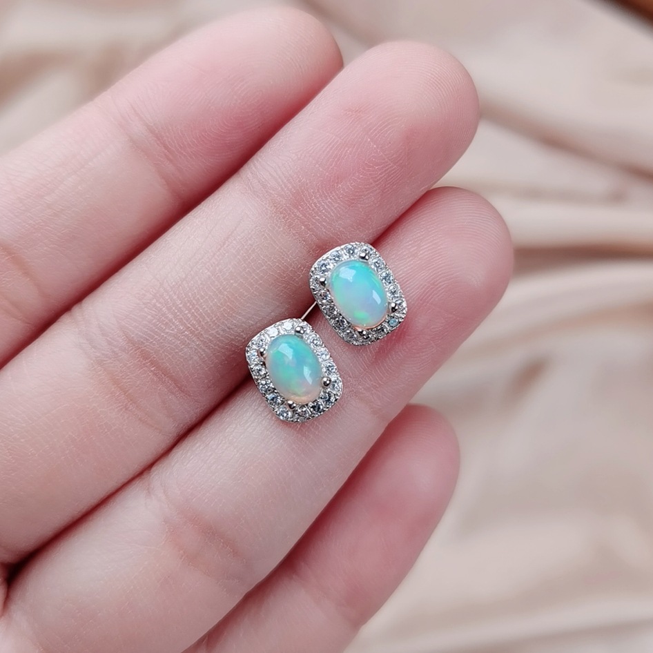 欧泊耳钉s925银镶嵌满钻轻奢女款耳饰澳宝火彩好无瑕疵耳环银饰品