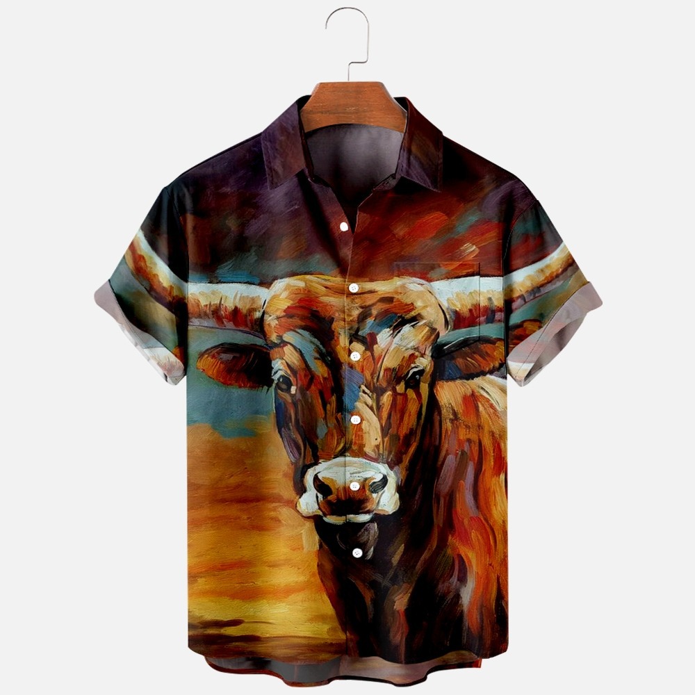 亚马逊wish男装新品牛油画衬衫数码印花宽松短袖口袋衬衫男上衣