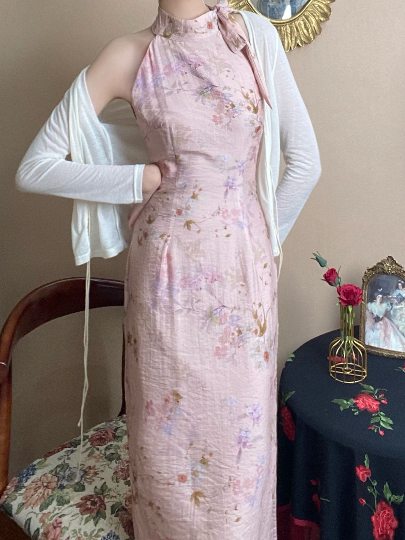 法式复古花色温柔素雅烟雨江南年轻改良旗袍气质削肩中长款连衣裙