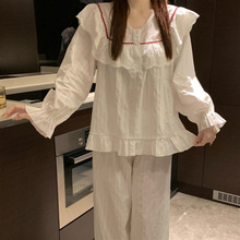 韩国ins女士韩版甜美公主风外穿刺绣蕾丝花边家居服长袖长裤套装