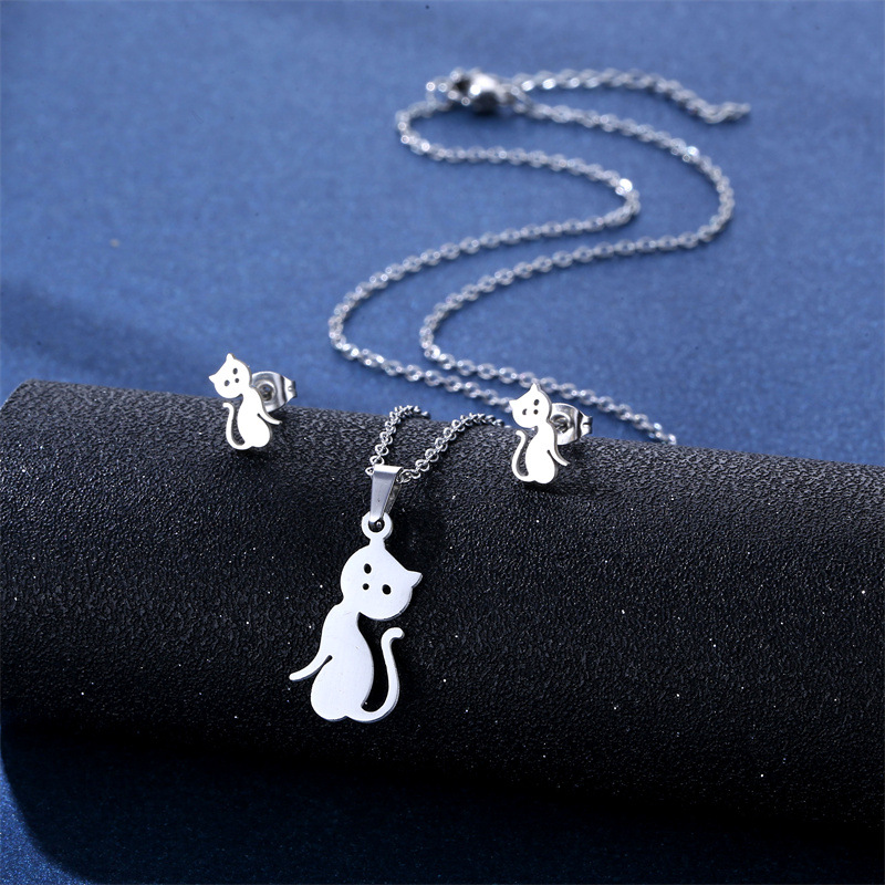 Cross-Border Sold Jewelry Stainless Steel Cute Kitten Necklace and Earring Suit Female Fresh Cat Cat Pendant Jewelry Clavicle