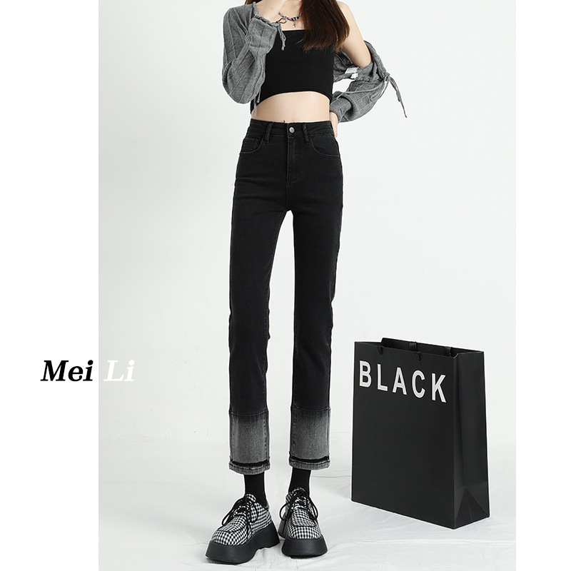 Black Gradient Straight Jeans for Women 2023 New High Waist Petite Cigarette Pants Spring and Autumn for Women