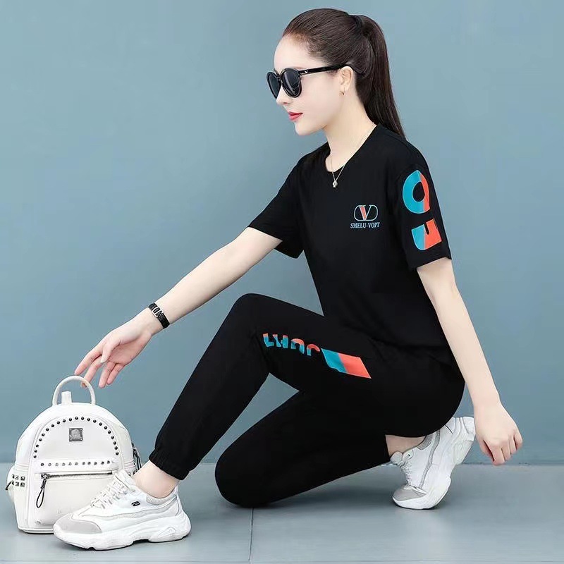 宽松大码休闲套装女2024夏季时尚潮牌大码短袖跑步运动服两件套女