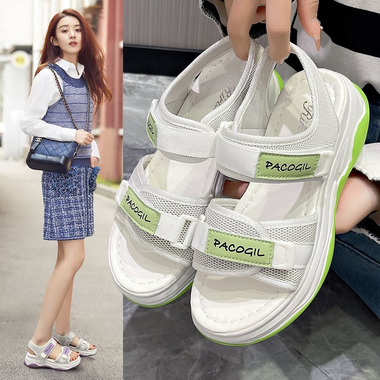 运动凉鞋女2024夏季新款时尚拼色厚底魔术贴休闲学生凉鞋批发