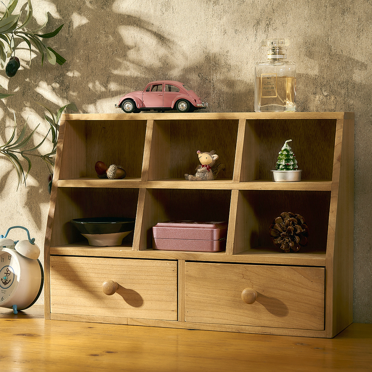 复古原木香杉木6格2抽收纳柜桌面收纳盒-阿里巴巴