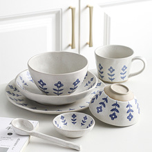 粗陶高温陶瓷餐具盘碗碟勺杯家用餐厅手绘蓝花餐具日式复古釉下彩