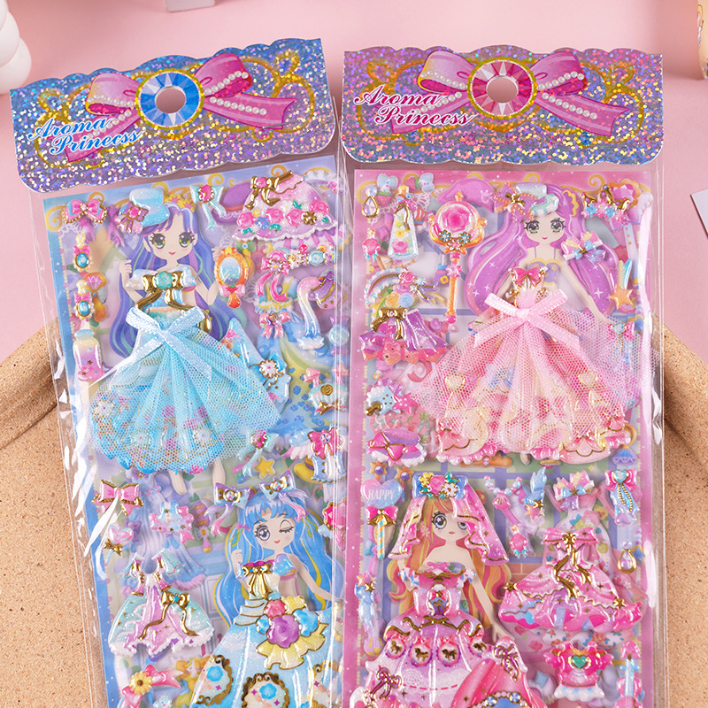 Double-Layer Cartoon Princess Dress up Stickers Girls Shake Sequins Stickers with Gauzy Skirt Gilding Effect Baby Reward