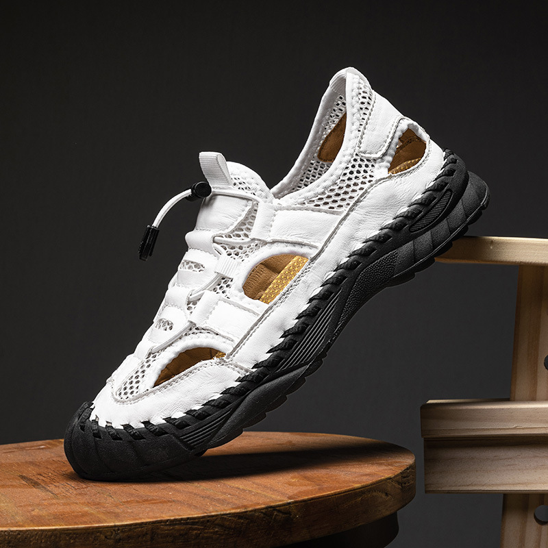 凉鞋男2025夏季新款真皮网布透气洞洞鞋男士开车包头户外休闲鞋子