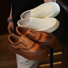 日系复古简约设计厚底休闲鞋男士夏季潮流感牛皮一脚蹬小白鞋
