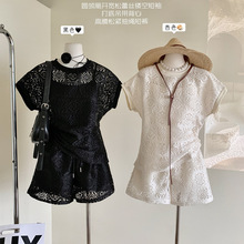 韩版2024夏新款时尚宽松休闲圆领镂空蕾丝提花衬衫高腰短款三件套