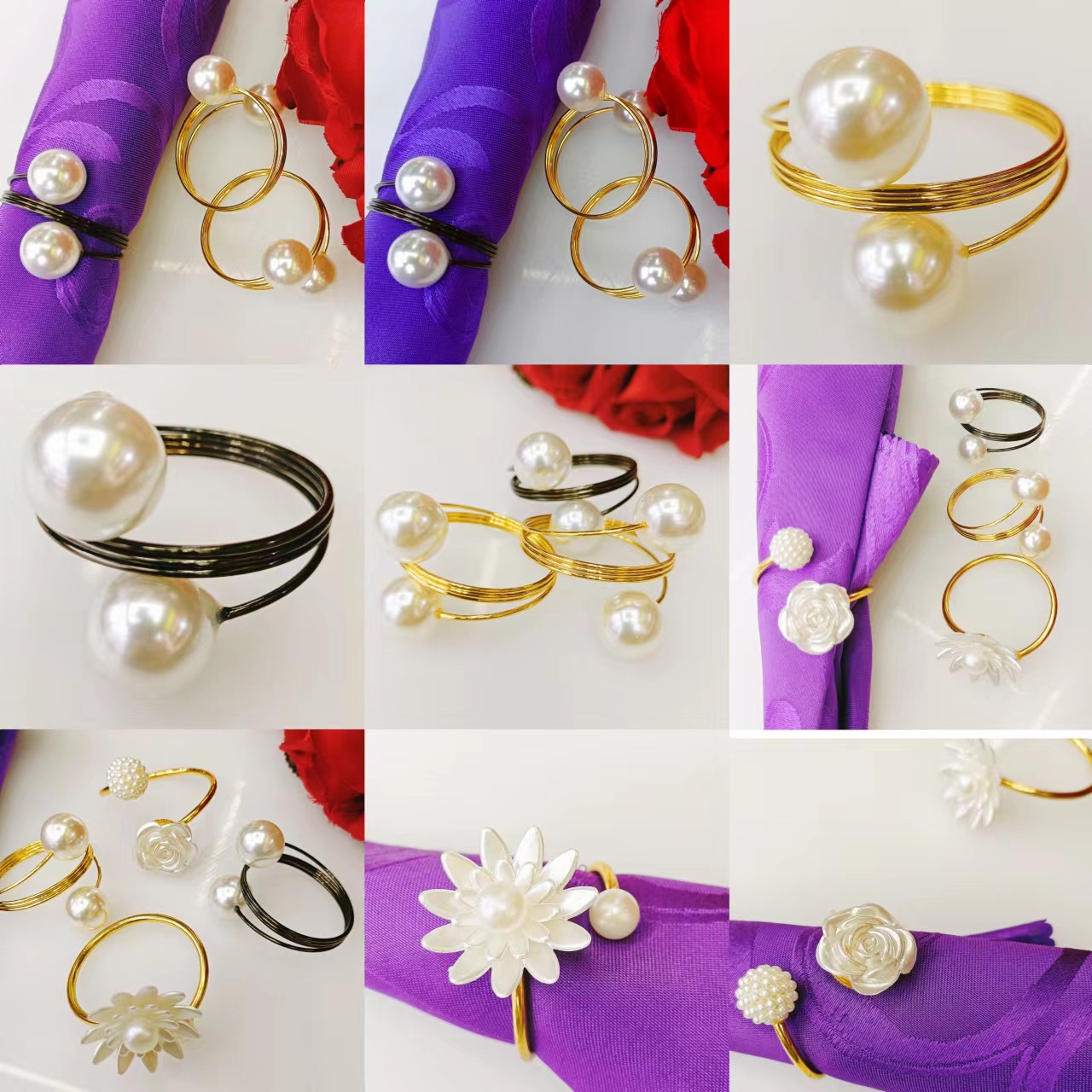 酒店餐厅弹簧珍珠餐巾扣圈简单款式单条花餐巾环-阿里巴巴