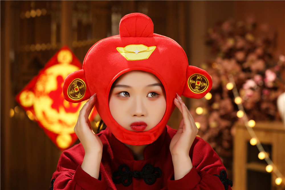 新年吉祥物 财神爷头套帽子 招财毛绒头套 拍照道具 卡通头套