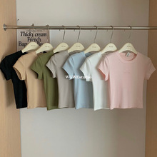 WGWE 小个子简约字母细螺纹T恤女夏季韩版新款微弹修身短袖上衣潮