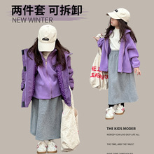 女童韩版加绒加厚风衣2023冬装洋气时尚棉衣两件套儿童保暖外套潮