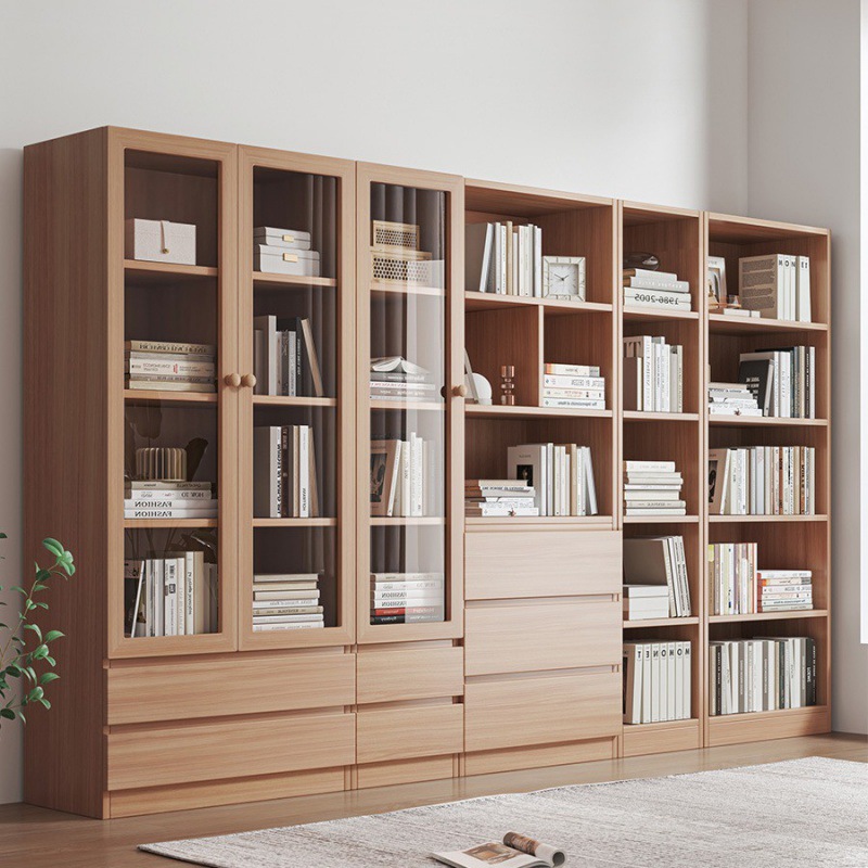 防尘书柜落地靠墙家用客厅柜子储物柜多层收纳柜实木色置物架书架