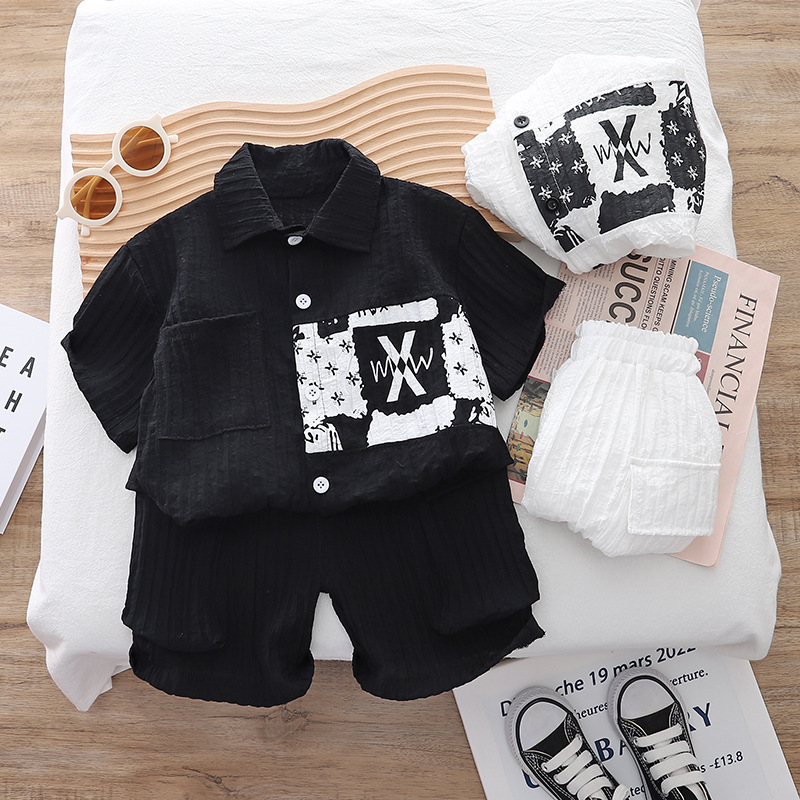Boys Summer Suit 2024 New Western Style Baby Boy Short Sleeve Shirt Two-Piece Set Baby Children's Clothing Summer Korean Style Fashion