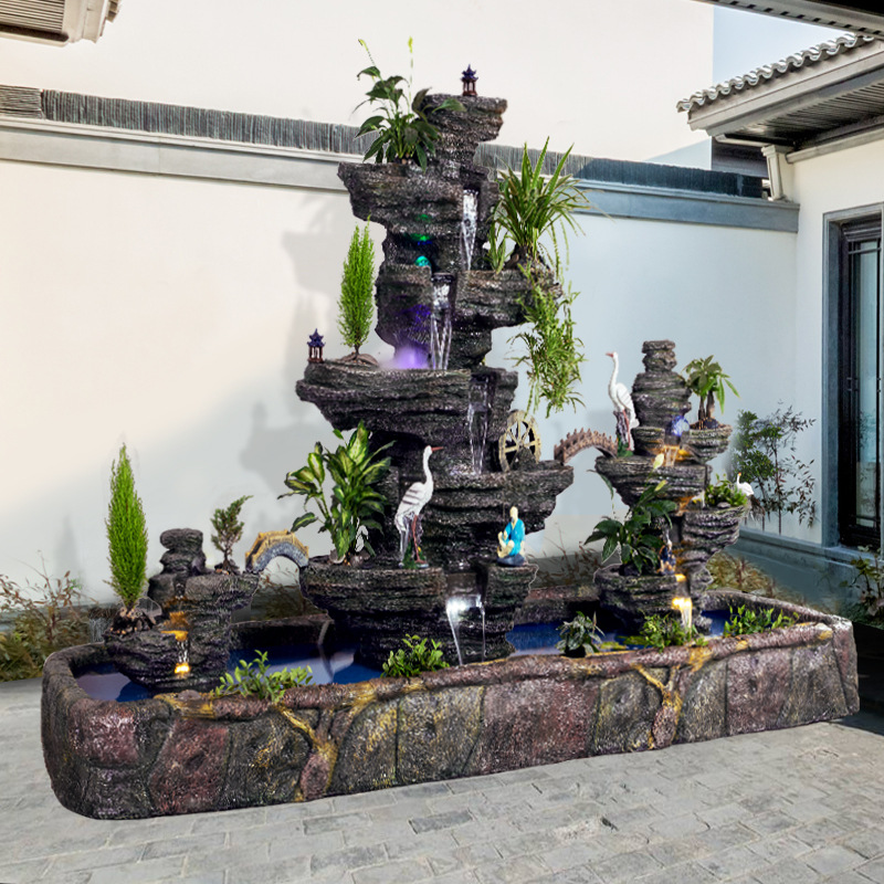 大型假山喷泉流水鱼池庭院山水瀑布造景装饰酒店办公室摆件