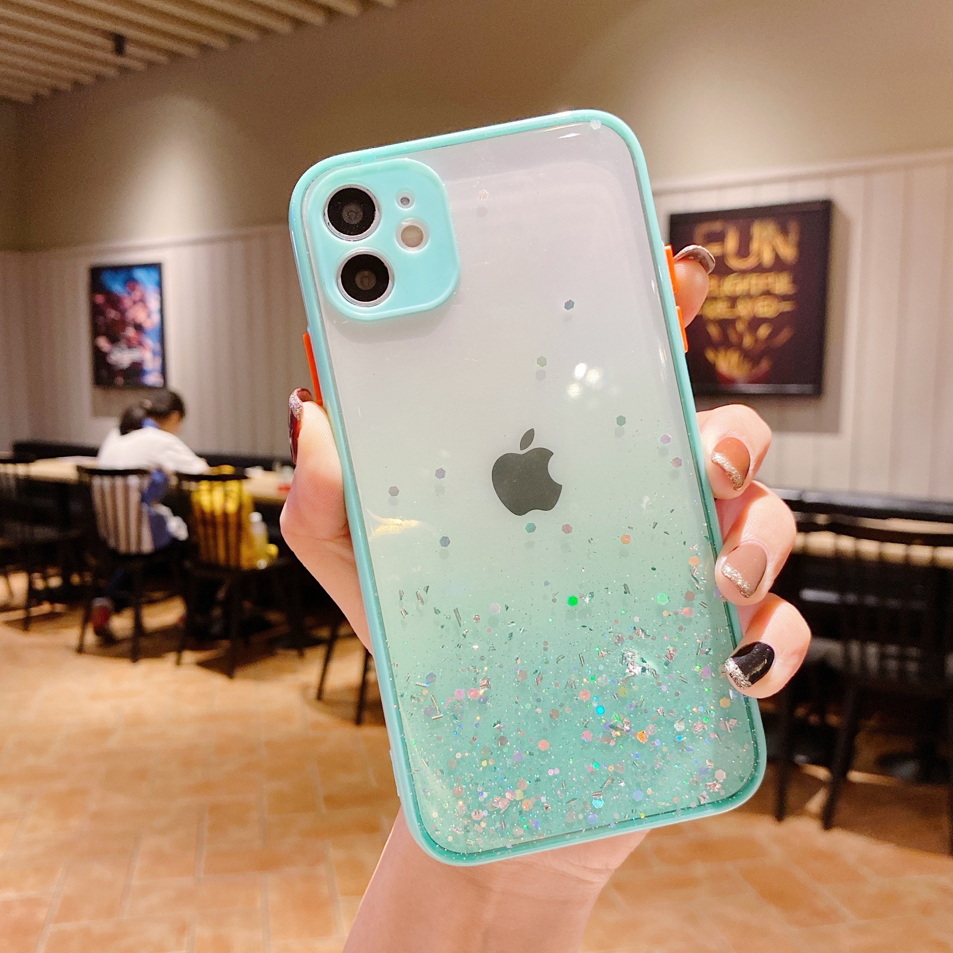 护眼滴胶渐变iphone13手机壳苹果11撞色按键闪粉亮片彩边适用7/8p