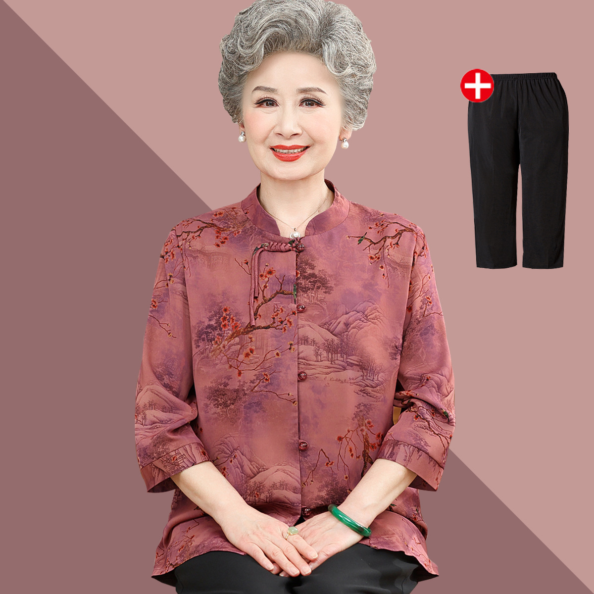 奶奶春装衬衫中老年人上衣女妈妈夏季套装老太太中式衬衣衣服