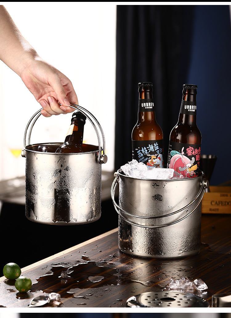不锈钢加厚提手冰桶 酒店酒吧用具香槟桶冰粒桶 双层带冰隔带冰夹