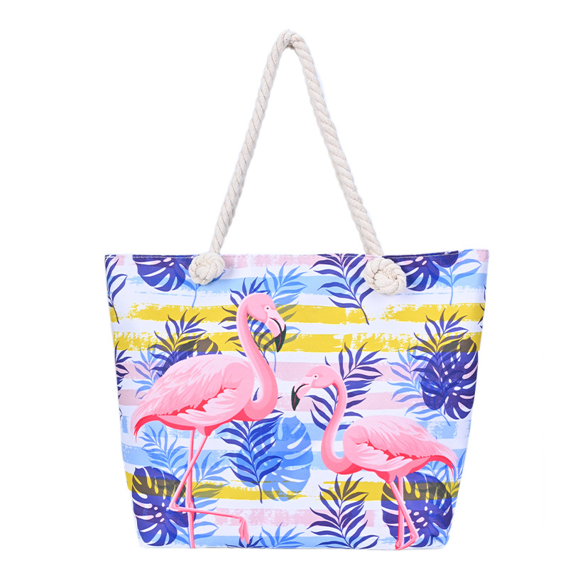 Cross-Border Hot Selling Flamingo Women's Beach Bag Travel Storage Tote Large Capacity Shoulder Bag Canvas Bag in Stock