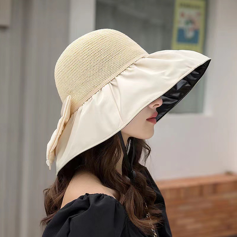 Black Rubber Big Brim Spring/Summer Bow Sunhat Storage Folding Fisherman Hat Women's Fashionable All-Match Sun Protection Sun Hat