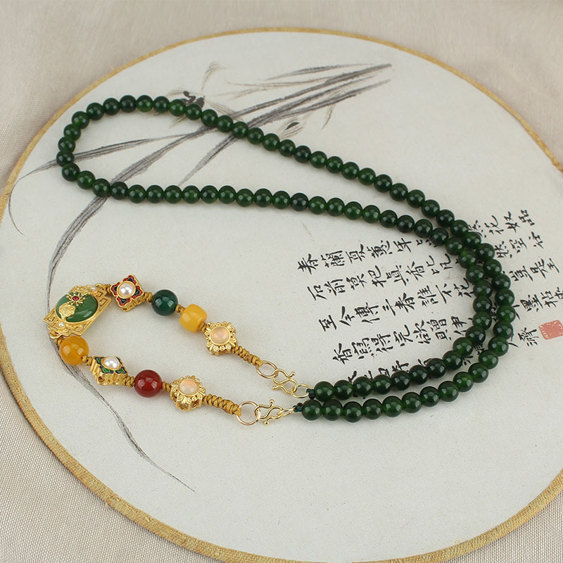 New Chinese Style French Original Design Vintage Emerald Beaded Necklace Multiple Ways to Wear Detachable Woven Bracelet for Women